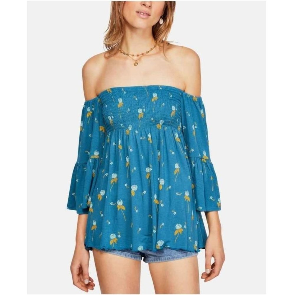 Free People Lana Tunic Teal Floral Long Sleeve Blouse new with tags